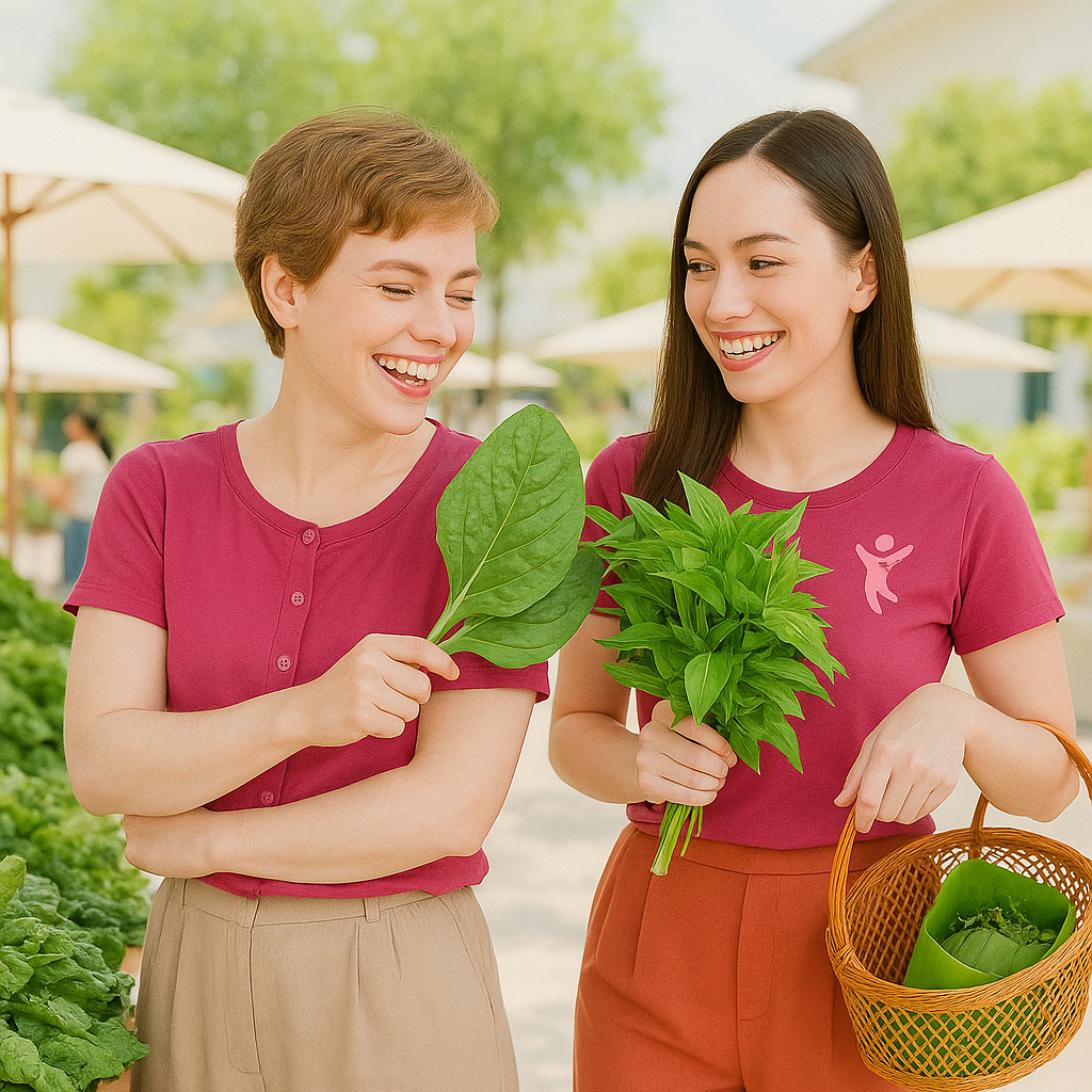 Nutrióloga y paciente con verduras frescas en mercado saludable